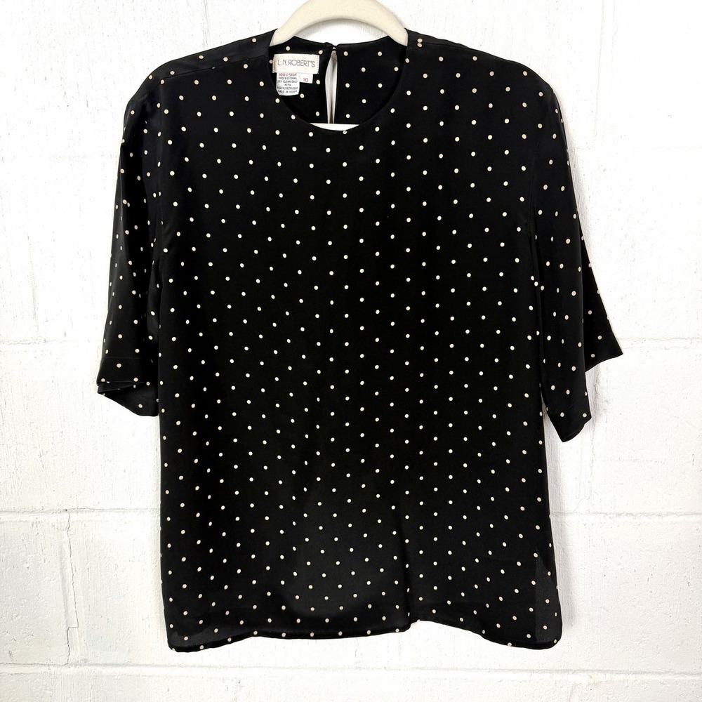VTG L.N. Roberts Womens Silk Blouse SZ 10 Black Polka Dot‎ 90s Minimalist Office